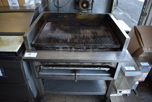 Stainless Steel Commercial Natural Gas Powered Charbroiler Grill on Stainless Steel Equipment Stand w/ Commercial Casters. 36x32x41