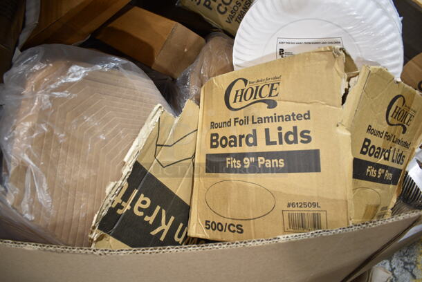 PALLET LOT of 15 BRAND NEW Boxes Including Dart 50HT1 5" x 5" x 3" White Foam Hinged Lid Container - 500/Case, 612509L 9" Round Foil-Laminated Board Lid, 500CC32P Choice Clear PET Plastic Cold Cup - 32 oz. - 500/Case, 5342CD Dixie PerfecTouch Insulated Paper Hot Cup 12 oz. - 1000/Case, 612SL47MED ChoiceHD Smoothwall Silver Medium Oblong Foil Entree / Take-Out Pan with Dome Lid 47.4 oz. - 50/Case. 15 Times Your Bid!  - Image 3 of 8