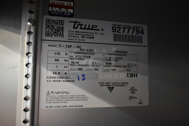 2017 True T-72F-HC Stainless Steel Commercial 3 Door Reach In Freezer w/ Poly Coated Racks on Commercial Casters. 115 Volts, 1 Phase. Tested and Working! - Image 7 of 9