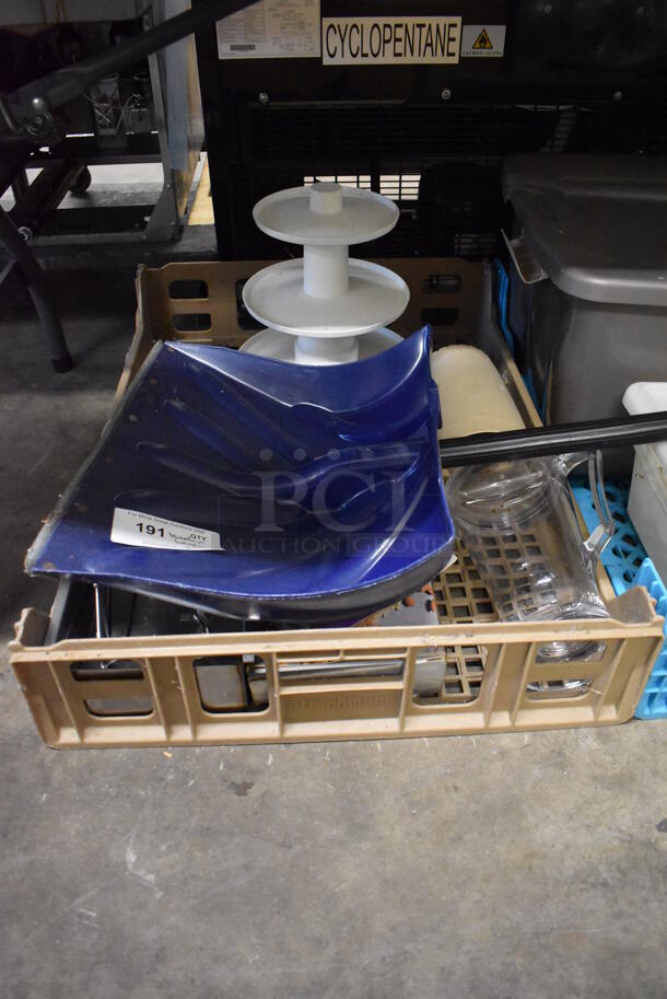 ALL ONE MONEY! Lot of Items Under Table Including Poly Bins, Snow Shovel, 3 Tier Poly Stand - Image 2 of 5