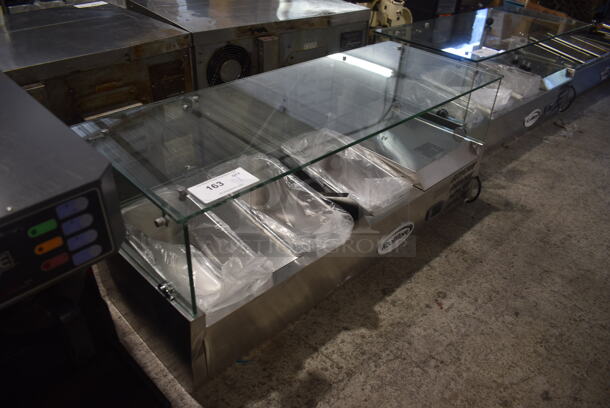 BRAND NEW SCRATCH AND DENT! 2023 KoolMore SCDC-3P-SSL Stainless Steel Commercial Countertop Refrigerated Rail w/ 3 Drop In Bins and Glass Sneeze Guard. 115 Volts, 1 Phase. Tested and Working!
 - Image 2 of 6