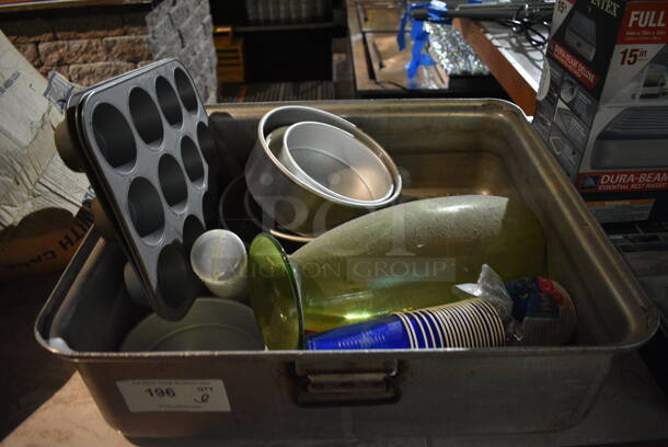 ALL ONE MONEY! Lot of Various Items Including Vase and Metal Baking Pans in Metal Bin. (bar)