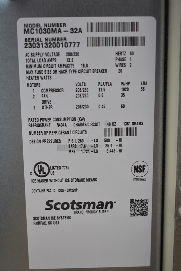 BRAND NEW! 2023 Scotsman MC1030MA-32A Prodigy Elite Series Medium Cube Ice Machine Head. 208/230 Volts, 1 Phase. - Image 4 of 4