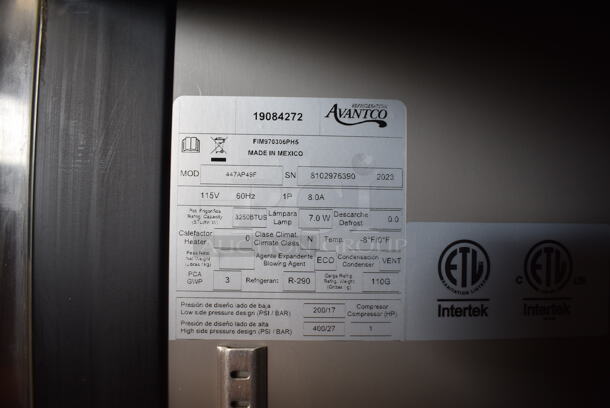 BRAND NEW SCRATCH AND DENT! 2023 Avantco 447AP49F Stainless Steel Commercial 55 3/8" Stainless Steel Solid Door Reach-In Freezer w/ Poly Coated Racks. 115 Volts, 1 Phase. Tested and Working! - Image 7 of 7
