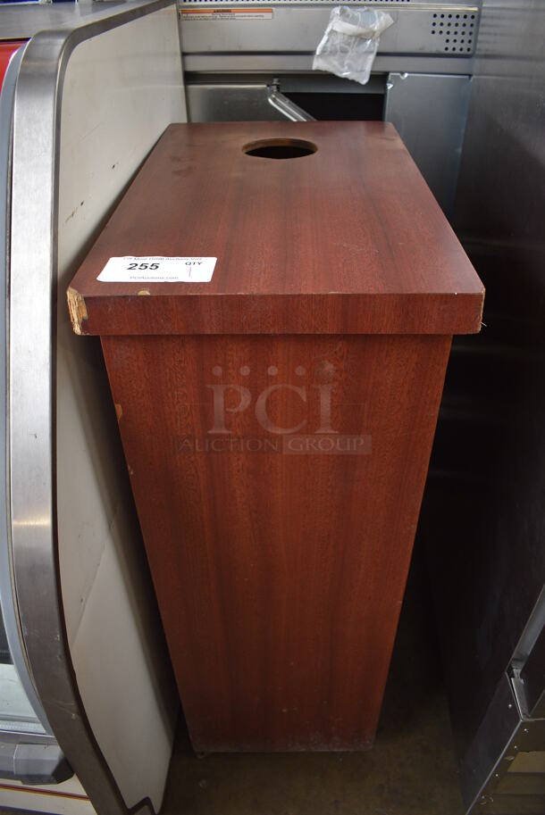 Wood Pattern Trash Can Shell w/ Gray Poly Slim Jim Trash Can on Commercial Casters. 14.5x24x38.5