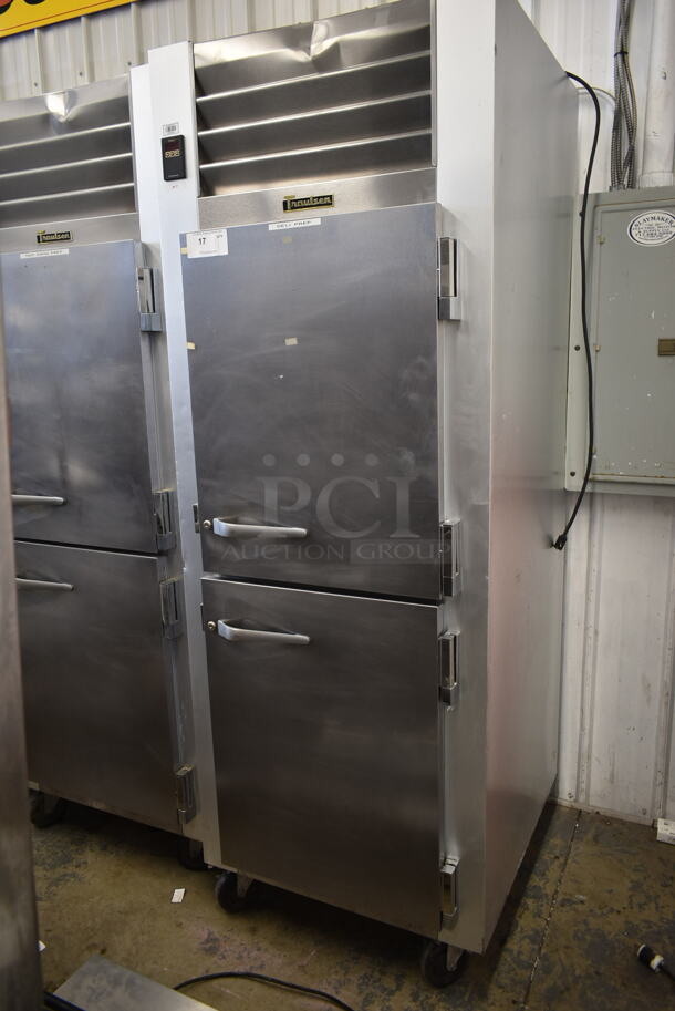 Traulsen G10000 Stainless Steel Commercial 2 Half Size Door Reach In Cooler on Commercial Casters. 115 Volts, 1 Phase. Tested and Working!