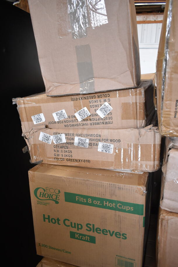 PALLET LOT of 38 BRAND NEW Boxes Including 2 Box 164CUSHWGGN Lancaster Table & Seating Spartan Series 2 1/2" Burgundy Vinyl Padded Seat for Chair and Barstool, 500COLLAR8BR EcoChoice 8 oz. Kraft Coffee Cup Sleeve / Jacket / Clutch - 1200/Case, 795PTOKFT8 Microwavable Folded Paper #8 Take-Out Container 6" x 4 5/8" x 2 1/2", 500L1020B Choice Black Paper Cup Lids, 760SOUP16WPA Choice 16 oz. White Double Poly-Coated Paper Food Cup with Vented Paper Lid - 250/Case, 2 Box 129MCR16B Choice 16 oz. Black 6 1/4" Round Microwavable Heavy Weight Container with Lid - 10/Pack, 2 Box Fineline Flairware 2312-CL 12 oz. Plastic Margarita with Clear Base - 144/Case, 5080-BK Fineline 5080-BK Super Bowl 80 oz. Black PET Plastic Bowl - 25/Case, 966TALLFLDN Choice Kraft Natural Tall-Fold 6" x 13" Dispenser Napkin - 8000/Case, 347TCL10 Choice 10 oz. Clear Disposable Plastic Tumbler - 500/Case. 38 Times Your Bid! - Image 2 of 8