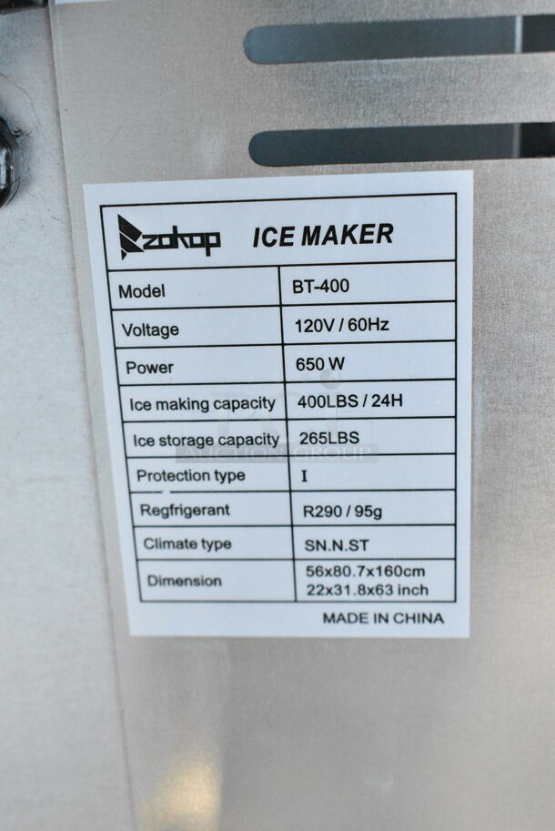 Zokop BT-400 Stainless Steel Commercial Ice Machine. 120 Volts, 1 Phase.  - Image 4 of 4