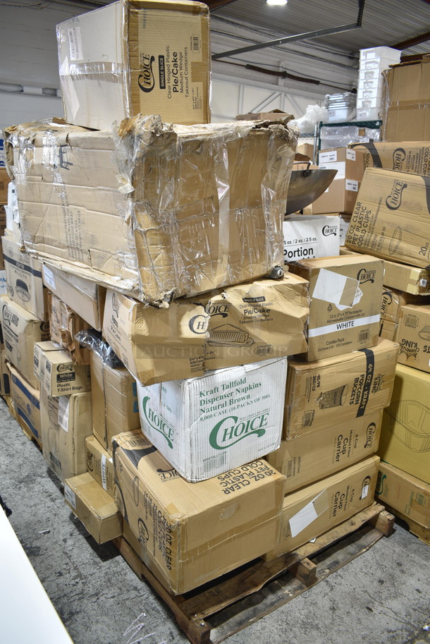 PALLET LOT of 27 BRAND NEW Boxes Including 500CC20 Choice Clear PET Customizable Plastic Cold Cup - 20 oz. - 600/Case, 130HBKCUTKW Visions Individually Wrapped Black Heavy Weight Plastic Knife - 1000/Case, 88534724 Town 34724 24" Hand Hammered Cantonese Wok, 3437RPBD6WHGD Visions 6" White Plastic Plate with Gold Bands - 150/Case, Inteplast Group PB10 3 1/2" x 10" Disposable Plastic Silverware Bag - 2000/Case, 128HD16COMBO ChoiceHD 16 oz. Microwavable Translucent Plastic Deli Container and Lid Combo Pack - 240/Case, 5001RT800B Lavex 8" White Hardwound Paper Towel, 800 Feet / Roll - 6/Case, 2 Box 433NHT101H Choice 1/6 Standard Size White "Thank You" Medium-Duty Plastic T-Shirt Bag - 1000/Case, 129MCS12W Choice 12 oz. White 6" x 4 3/4" x 1 3/4" Rectangular Microwavable Heavy Weight Container with Lid - 150/Case, 130IC10PCL Choice 10 lb. Clear Plastic Ice Bag with Ice Print - 1000/Case, 164CINDGRYAN Lancaster Table & Seating Industrial Chair with Antique Slate Gray Finish, 433MSLCPIE Choice 5" Clear Hinged Slice Container with Medium Dome Lid - 300/Case, 966TALLFLDN Choice Kraft Natural Tall-Fold 6" x 13" Dispenser Napkin - 8000/Case, 500CC20 Choice Clear PET Customizable Plastic Cold Cup - 20 oz. - 600/Case, 433CARRIER4 Choice Pulp Fiber 4 Cup Carrier - 300/Case, 760VP64KR Carnival King Kraft 64 oz. Popcorn Bucket - 360/Case, 127PL Choice Portion Cup Lids. 27 Times Your Bid! - Image 1 of 12