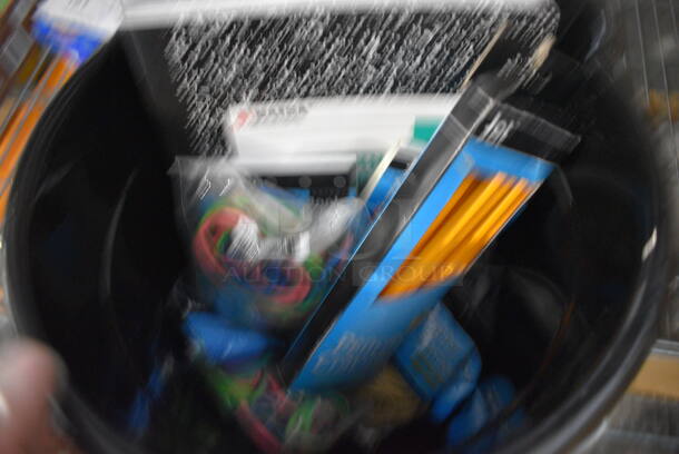 ALL ONE MONEY! Lot of Various Items Including Paper, Rubber Bands and Pencils in Black Bin! - Image 2 of 3