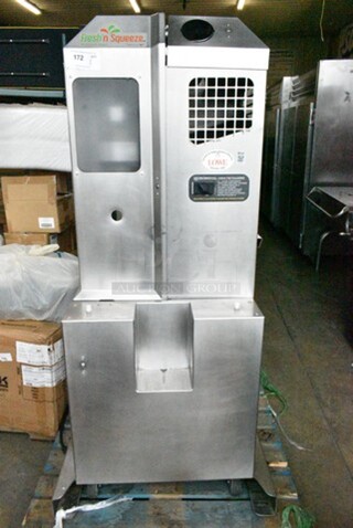 Fresh N Squeeze POS-1 Stainless Steel Commercial Floor Style Automatic Citrus Juicer on Commercial Casters. 120 Volts, 1 Phase. Tested and Working!