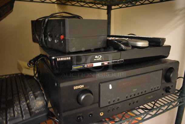 ALL ONE MONEY! Tier Lot of Various Items Including Samsung DVD Player, Keyboard, Remotes, Two-Line Business Telephones, and Denon Receiver - Image 2 of 8