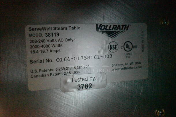 BRAND NEW SCRATCH AND DENT! Vollrath 38119 Stainless Steel Commercial Electric Powered 5 Bay Steam Table. No Legs. 208-240 Volts, 1 Phase.  - Image 7 of 7