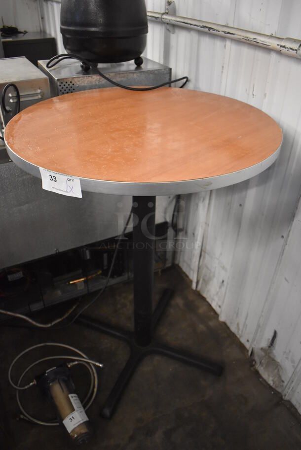 Wood Pattern Round Bar Height Table on Black Metal Table Base. 30x30x42
