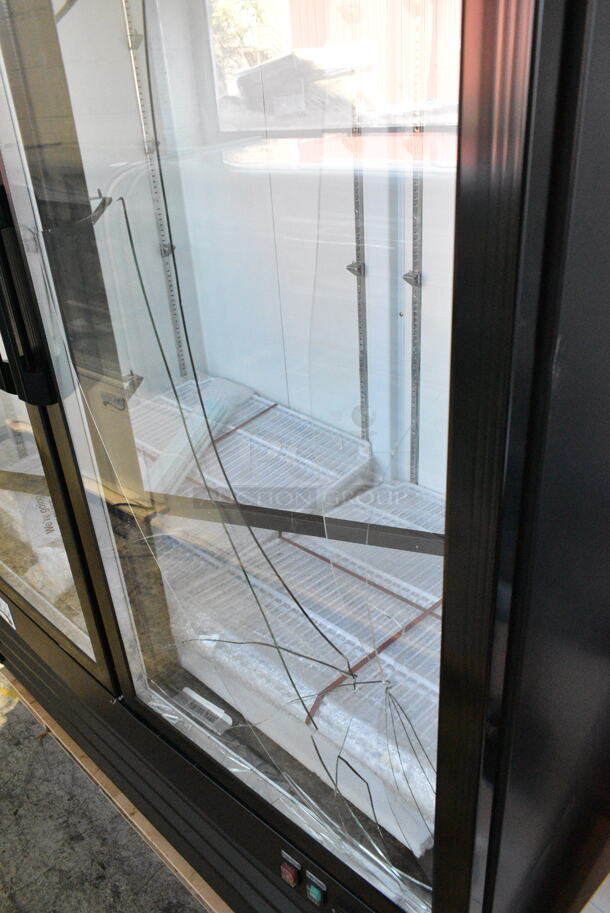 BRAND NEW SCRATCH AND DENT! 2024 Avantco 178GDC49HCB 53" Black Customizable Swing Glass Door Merchandiser Refrigerator with LED Lighting. See Pictures for Broken Glass on Door. 115 Volts, 1 Phase. Tested and Working! - Image 4 of 9