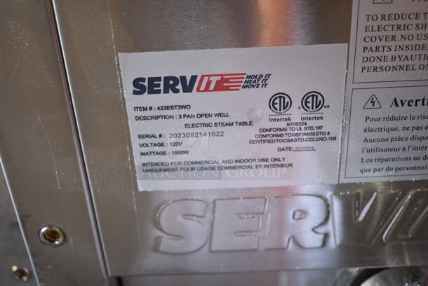 BRAND NEW SCRATCH AND DENT! 2024 ServIt 423EST3WO Stainless Steel Commercial Electric Powered 3 Bay Steam Table w/ Under Shelf. 120 Volts, 1 Phase. Tested and Working! - Image 7 of 7