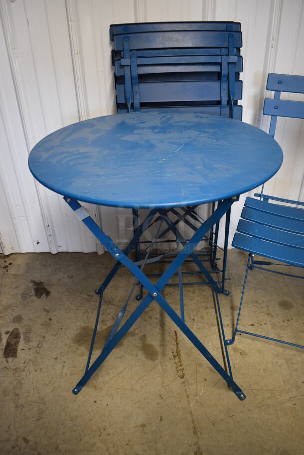 ALL ONE MONEY! Set of 4 Blue Metal Folding Chairs and Blue Metal Round Table. 23.5x23.5x31, 16.5x16.5x31 - Image 2 of 3