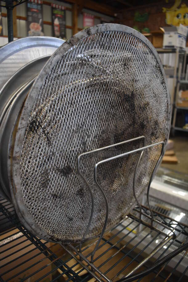 ALL ONE MONEY! Lot of Metal Pizza Pan Rack w/ 2 Metal Pizza Screens and 20 Metal Round Pizza Baking Pans. Rack: 14x9x9.5 - Image 2 of 6