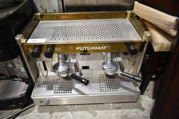 Futurmat CEE-2 Stainless Steel Commercial Countertop 2 Group Espresso Machine w/ 2 Portafilters and 2 Steam Wands. 208-240 Volts, 1 Phase. 