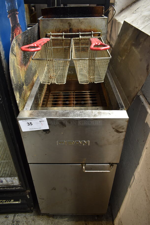 Dean SR42GNS Stainless Steel Commercial Floor Style Natural Gas Powered Deep Fat Fryer w/ 2 Metal Fry Baskets. 105,000 BTU.  - Image 1 of 6