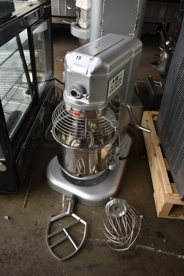 BRAND NEW SCRATCH AND DENT! Metal Commercial Countertop Planetary Dough Mixer w/ Stainless Steel Mixing Bowl, Bowl Guard, Dough Hook, Whisk and Paddle Attachments. 120 Volts, 1 Phase. Tested and Working!