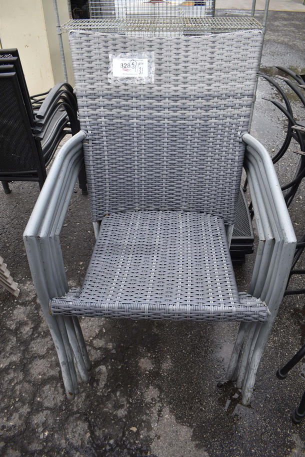 5 Gray Wicker Style Patio Chairs w/ Arm Rests. 22x20x36. 5 Times Your Bid!