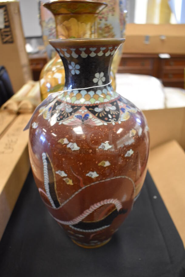 Brown Vase w/ Multicolored Butterfly and Floral Pattern.