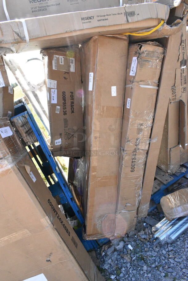 2 BRAND NEW SCRATCH AND DENT! 600TSB3048S Regency 30" x 48" 16-Gauge Stainless Steel Commercial Work Table with 4" Backsplash and Undershelf. 2 Times Your Bid! May Be Missing Pieces.  - Image 2 of 4