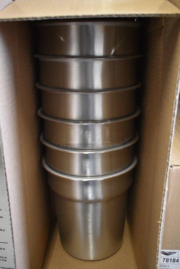 6 BRAND NEW IN BOX! Vollrath Stainless Steel Cylindrical Drop In Bins! 7.5x7.5x8. 6 Times Your Bid!