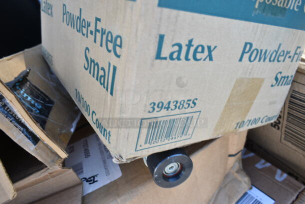 PALLET LOT of 20 BRAND NEW Boxes Including Dart 205HT1 White Foam Take Out Container with Perforated Hinged Lid 9" x 6" x 3", 130WHSPOONH Choice White Heavy Weight Plastic Teaspoon - 1000/Case, 50010C Choice 10 oz. Coffee Print Poly Paper Hot Cup - 1000/Case, Dart 20JL 20. Translucent Vented Lid - 1000/Case, 127P2C Choice Clear Plastic Souffle Cup / Portion Cup - 2 oz. - 2500/Case, 74555-0150 Solut 15" Take and Bake Coated Paperboard Black Oven Safe Pizza Tray - 150/Case, 394385S Noble Products White Powder-Free Disposable Latex Gloves for Foodservice - Small - 1000/Case, Carlisle 40008C14 Sparta 30" Blue Multi-Purpose Cleaning Brush - 5" Bristle Diameter, 3755GL444 GET GL-444 Curator 4" x 4" Square 26 oz. Clear Glass Storage Jar, 433NHT101 Choice 1/6 Standard Size White "Thank You" Standard-Duty Plastic T-Shirt Bag - 700/Case. 20 Times Your Bid!  - Image 9 of 12