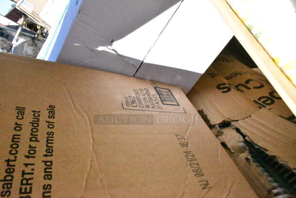 20 BRAND NEW Boxes Including 5002BNAPNAT EcoChoice 2-Ply Natural Kraft Beverage / Cocktail Napkin - 3000/Case, Dart 72HT1 7" x 4" x 2" White Foam Hinged Lid Hot Dog Container - 500/Case, 760V32 Carnival King 32 oz. Popcorn Cup - 500/Case, 50024C Choice 24 oz. Coffee Print Poly Paper Hot Cup - 600/Case, Dart 16LCDHX Clear PET Dome Lid with 2" Hole - 1000/Case, 347BP6BK Choice 6" Black Plastic Plate - 1000/Case. 20 Times Your Bid! - Image 9 of 12