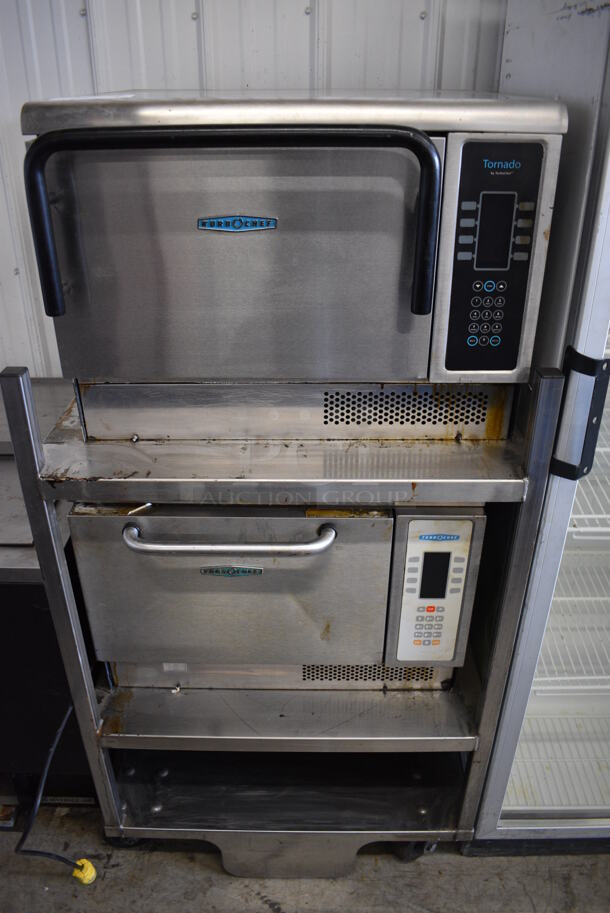 2 Turbochef Model NGCD6 Tornado Stainless Steel Commercial Countertop Electric Powered Rapid Cook Ovens on Stainless Steel Commercial 2 Tier Equipment Stand on Commercial Casters. 208/240 Volts, 1 Phase. 30x30x60. 2 Times Your Bid!