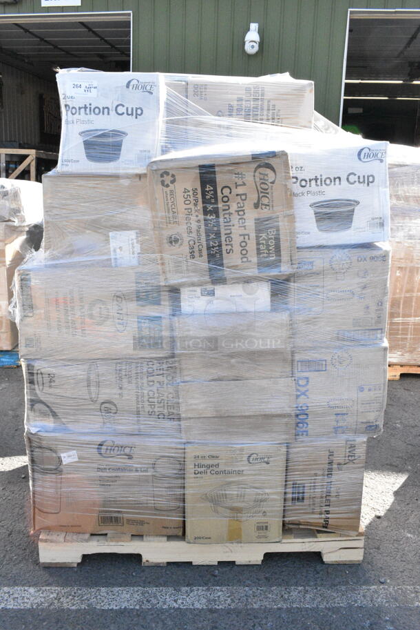 32 BRAND NEW Boxes Including 127P2B Choice Black Plastic Souffle Cup / Portion Cup - 2 oz. - 2500/Case, 795PTOKFT1 Choice Kraft Microwavable Folded Paper #1 Take-Out Container 4 3/8" x 3 1/2" x 2 1/2" - 450/Case, 500CC24 Choice Clear PET Customizable Plastic Cold Cup - 24 oz. - 600/Case, 127RD32COMBO Choice 32 oz. Customizable Microwavable Clear Round Deli Container and Lid Combo Pack - 250/Case, 127CH24 Choice 24 oz. Clear RPET Hinged Deli Container - 200/Case, 395TO993 EcoChoice 9" x 9" x 3" Compostable Sugarcane / Bagasse 3 Compartment Takeout Container - 200/Case, 394365L Noble Products Powder-Free Disposable Vinyl Gloves for Foodservice - 1000/Case, 127RD16BULK Choice 16 oz. Customizable Microwavable Translucent Round Deli Container - 500/Case, 795PTOKFT1 Choice Kraft Microwavable Folded Paper #1 Take-Out Container 4 3/8" x 3 1/2" x 2 1/2" - 450/Case, Dart 205HT2 9" x 6" x 3" White Foam 2 Compartment Take Out Container with Perforated Hinged Lid - 200/Case, 50012DWALLW Choice 12 oz. White Smooth Double Wall Paper Hot Cup - 500/Case, 433CARRIER4 Pulp Fiber 4 Cup Carrier - 300/Case, 500TO1183C2 Choice 11" x 8 1/2" x 3" Microwaveable 2-Compartment Black / Clear Plastic Hinged Container - 100/Case. 32 Times Your Bid!  - Image 1 of 12