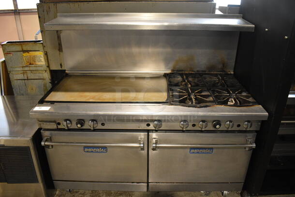 Imperial Stainless Steel Commercial Natural Gas Powered 4 Burner Range w/ Flat Top Griddle, 2 Ovens, Over Shelf and Back Splash on Commercial Casters. 60x32x55