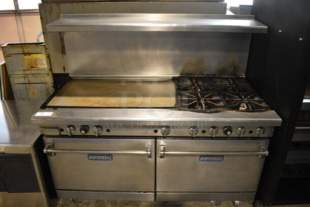 Imperial Stainless Steel Commercial Natural Gas Powered 4 Burner Range w/ Flat Top Griddle, 2 Ovens, Over Shelf and Back Splash on Commercial Casters. 60x32x55 - Image 1 of 9