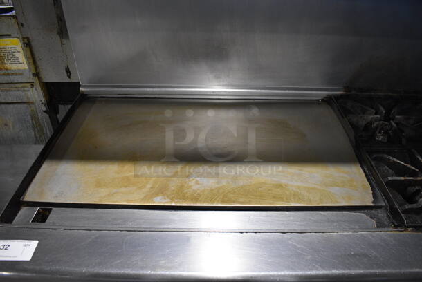 Imperial Stainless Steel Commercial Natural Gas Powered 4 Burner Range w/ Flat Top Griddle, 2 Ovens, Over Shelf and Back Splash on Commercial Casters. 60x32x55 - Image 4 of 9