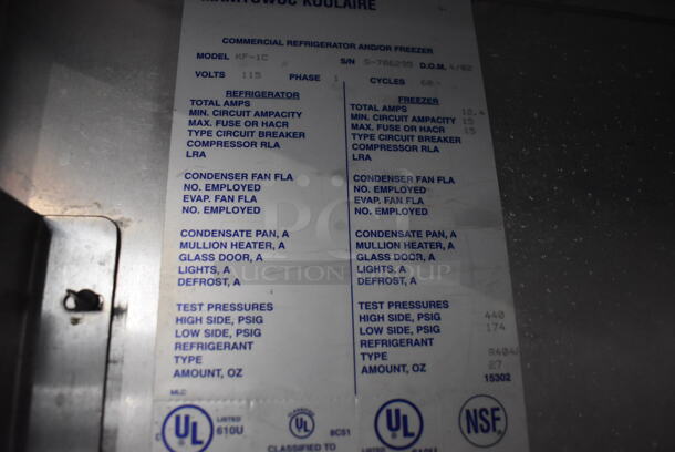 Manitowoc Koolaire KF-1C Stainless Steel Commercial Single Door Reach In Freezer w/ Racks on Commercial Casters. 115 Volts, 1 Phase. 27.5x33x85. Cannot Test - Unit Trips Breaker - Image 5 of 7