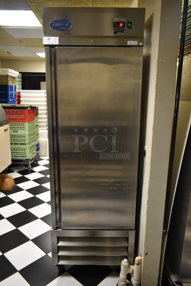 Entree CR1 Stainless Steel Commercial Single Door Reach In Cooler w/ Poly Coated Racks on Commercial Casters. 115 Volts, 1 Phase. Tested and Working! (ice room)