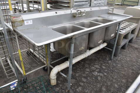 Eagle Stainless Steel Commercial 3 Bay Sink w/ Dual Drain Boards, Faucet and Handles. 90x26x44. Bays 16z19z13. Drain Boards 17x23x1