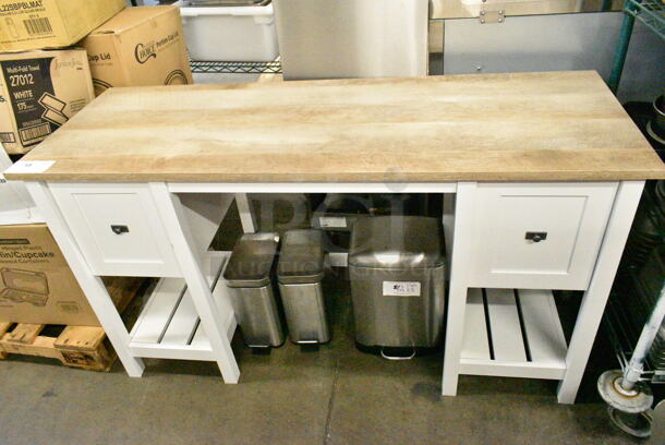 White Wood Pattern Counter w/ Wooden Countertop and 2 Drawers.  - Image 1 of 7