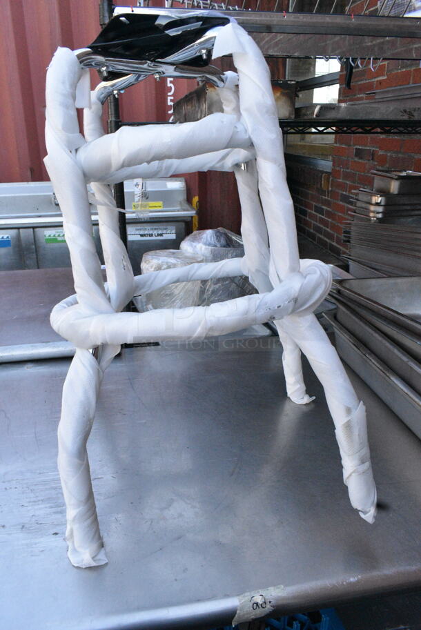 BRAND NEW SCRATCH AND DENT! Lot of 9 Various Pieces to Chairs Including Wooden Back Rests, Black Seat Cushion and Metal Stool Frame.   - Image 5 of 7