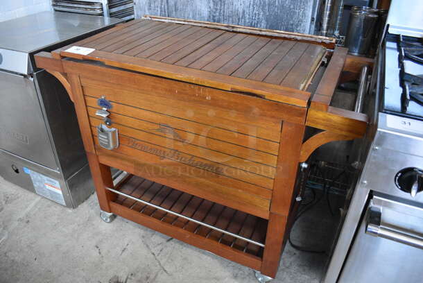 Tommy Bahama Wooden Portable Ice Bin w/ Bottle Opener on Commercial Casters. 47x23x36 - Image 2 of 8