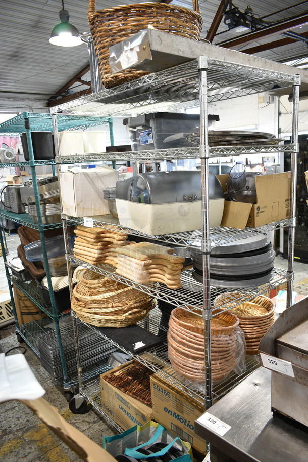 ALL ONE MONEY! 6 Tier Lot of Various Items Including Baskets, Wooden Cutting Boards and Hand Towel Dispenser. Shelving Unit Is Not Included. - Item #1114411