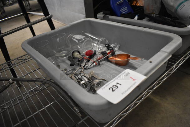 ALL ONE MONEY! Lot of Various Items Including Glasses and Wine Bottle Openers in Gray Poly Bus Bin! - Image 4 of 4