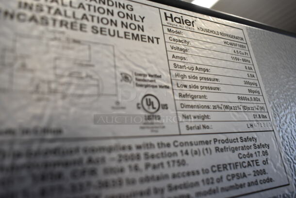 Haier HC46SF10SV Metal Mini Cooler. 115 Volts, 1 Phase. Tested and Powers On But Does Not Get Cold - Image 4 of 4