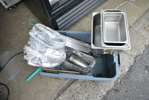 ALL ONE MONEY! Lot of Various Items Including Stainless Steel Drop In Bins, Gaskets and Silverware Cups in Blue Poly Bin