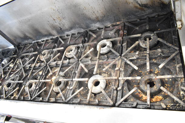 Vulcan Stainless Steel Commercial Natural Gas Powered 10 Burner Range w/ 2 Oven, Over Shelf and Back Splash.  - Image 3 of 7