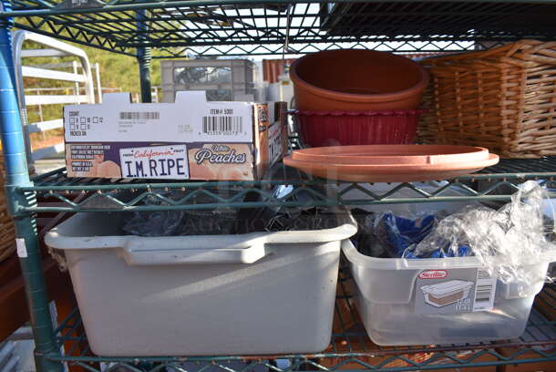 ALL ONE MONEY! Lot of 6 Tiers Worth of Various Items Including Poly Pitchers, Metal Baking Pans, Metal Chafing Dish, Basket. Does Not Include Shelving Unit - Image 4 of 9