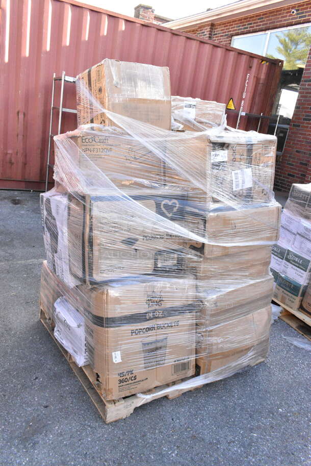 26 BRAND NEW! Items Including 760VP64 Carnival King 64 oz. Popcorn Bucket - 360/Case, 795PTOKFT2 Choice Kraft Microwavable Folded Paper #2 Take-Out Container 7 3/4" x 5 1/2" x 1 7/8" - 200/Case, 127CH16S Choice 16 oz. Clear RPET Shallow Hinged Deli Container - 200/Case, 245CB12PLN Choice 12" x 12" x 2" Kraft Customizable Corrugated Plain Pizza Box - 50/Case, 128HD12COMBO Choice Heavy Duty 12 oz. Microwavable Translucent Plastic Deli Container and Lid Combo Pack - 240/Case, 795PTOBK3 Choice 7 3/4" x 5 1/2" x 2 1/2" Black Microwavable Folded Paper #3 Take-Out Container - 200/Case. 26 Times Your Bid!  - Image 1 of 12