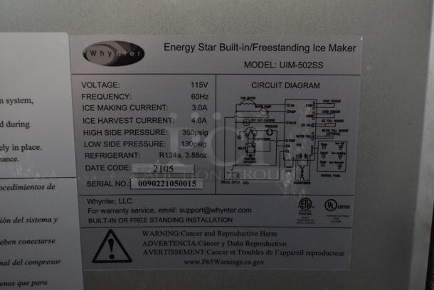 BRAND NEW SCRATCH AND DENT! Whynter UIM-502SS Built-in or Freestanding Ice Maker 50lb Capacity Clear Cube. 115 Volts, 1 Phase. Tested and Working! - Image 9 of 9